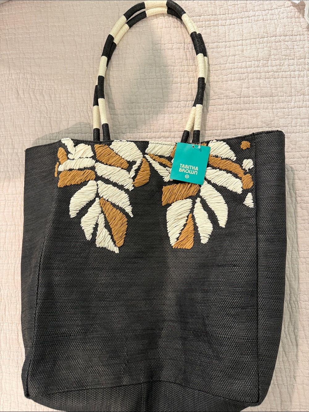 Tabitha Brown Black Tote with Cream & Tan Leaf Embroidery